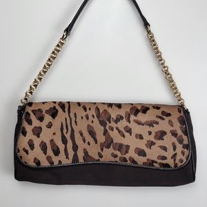 Ann Taylor Brown Suede and Leopard Print Calf Hair Shoulder Baguette, Like New